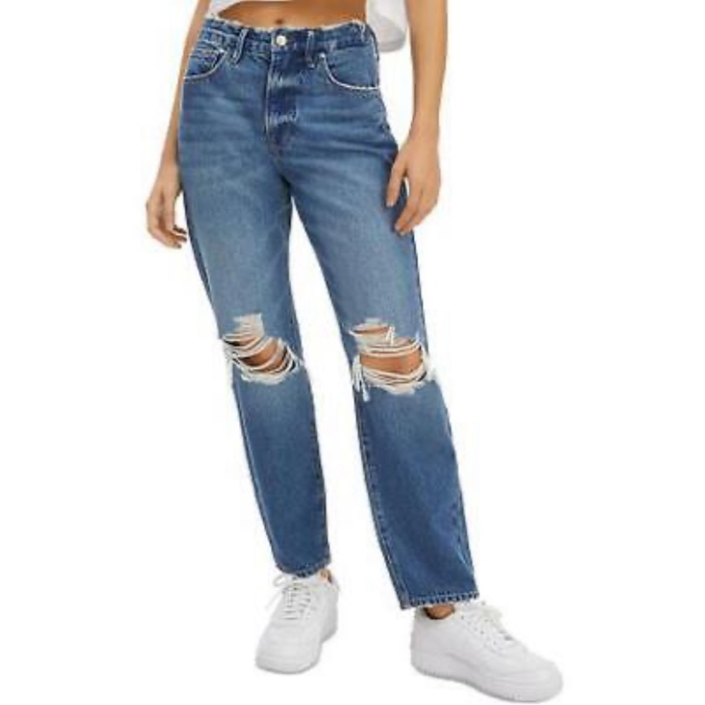 Good American Womens Blue Destroyed Mid-Rise Denim Straight Leg Jeans